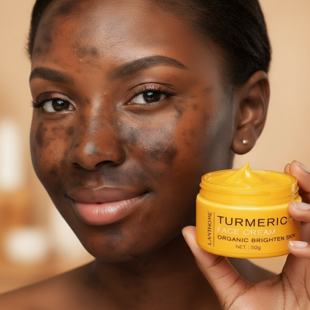 Femme avec taches noires prononcées et crème au curcuma