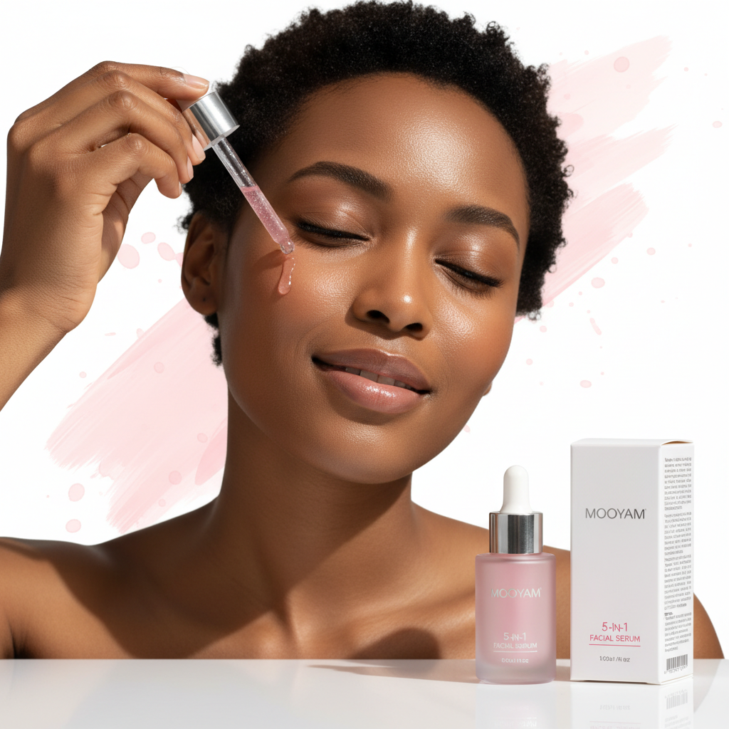 Femme noire appliquant le sérum Mooyam - gros plan