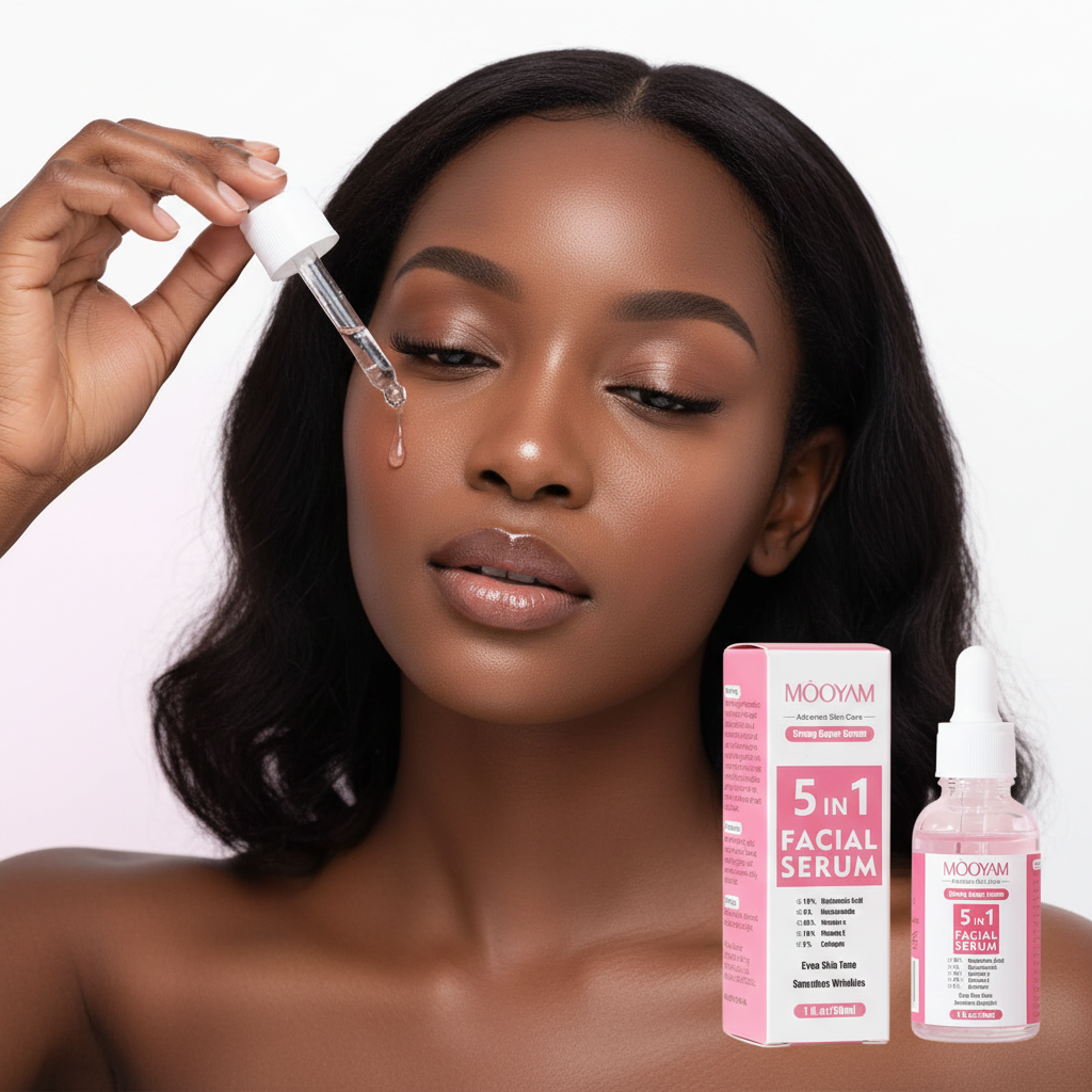 Femme noire avec le sérum Mooyam original - gros plan