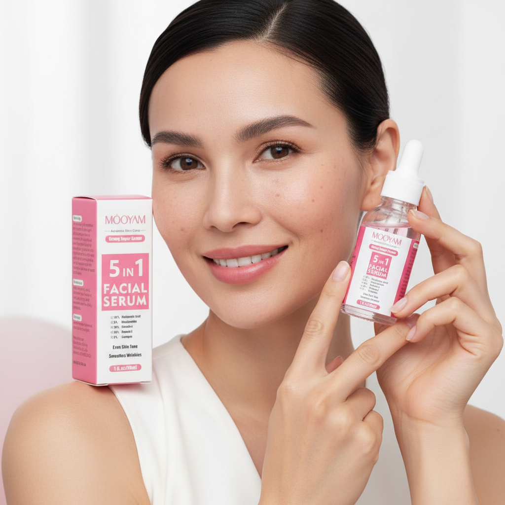 Gros plan femme avec taches tenant le sérum Mooyam